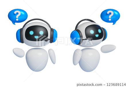 3D graphics of an AI robot character wearing a headset and asking questions 3D graphics of an AI robot character wearing a headset and asking questions 123689114
