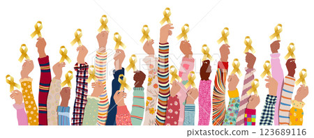 Group of multicultural children hands holding a golden ribbon for Childhood Cancer Awareness Month Group of multicultural children hands holding a golden ribbon for Childhood Cancer Awareness Month 123689116
