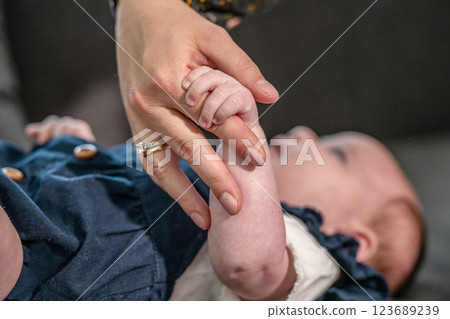 sweet tiny new born baby hand hold mum index finger. concept relationship between mother or parants and baby 123689239