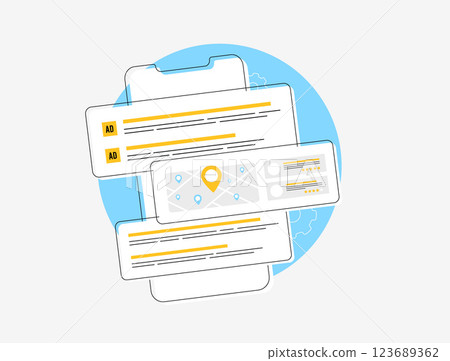 Search engine results pages with paid, local and organic search listings. Organic SEO and local optimization strategies for ranking higher in search engines. Website optimization vector illustration Search engine results pages with paid, local and organic search listings. Organic SEO and local optimization strategies for ranking higher in search engines. Website optimization vector illustration 123689362