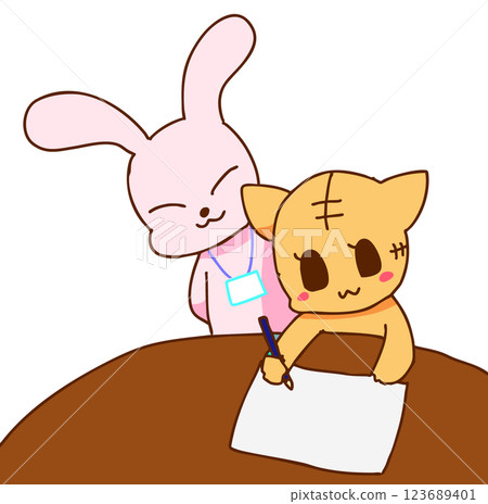 A rabbit watches a cat writing something A rabbit watches a cat writing something 123689401