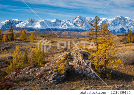 Scenic Autumn Landscape With Snowy Mountains and Rolling Hill Plains Scenic Autumn Landscape With Snowy Mountains and Rolling Hill Plains 123689455