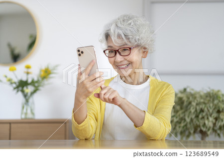 Senior woman wearing glasses holding a smartphone 123689549