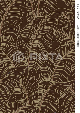 A dark brown background with overlapping banana leaf patterns in light brown, flat line vector and illustration. A dark brown background with overlapping banana leaf patterns in light brown, flat line vector and illustration. 123689554