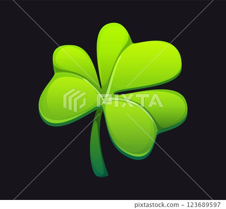 Cartoon green four leaf clover, symbolizing luck, fortune, and prosperity in Irish culture, St. Patrick Day charms, symbol of good luck. Vector clover rare plant represents hope, faith, love and luck 123689597