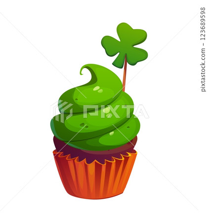 St Patrick day sweet cupcake, holiday cake, candy and festive food dessert with green frosting, shamrock topper. Cartoon vector chocolate muffin treat represents Irish tradition, luck and celebration 123689598
