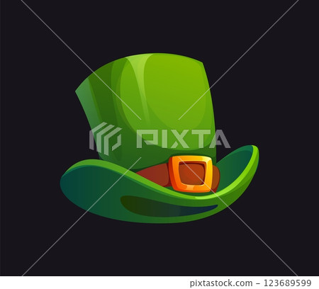 Cartoon green leprechaun top hat with golden buckle and a wide brim, St Patrick day Irish symbol and object. Vector traditional headwear, magical and festive costume accessory for holiday celebrations 123689599
