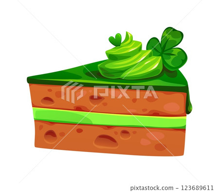 St Patrick day sweet holiday cake slice with green frosting, lucky shamrock and creamy filling. Cartoon vector festive dessert for celebrating Irish culture, symbolizing good fortune and holiday cheer 123689611
