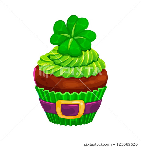 St Patrick day sweet cake, holiday dessert. Cartoon vector delicious cupcake decorated with green frosting, shamrock topper and festive wrapper resembling a leprechaun belt. Lucky muffin Irish treat St Patrick day sweet cake, holiday dessert. Cartoon vector delicious cupcake decorated with green frosting, shamrock topper and festive wrapper resembling a leprechaun belt. Lucky muffin Irish treat 123689626