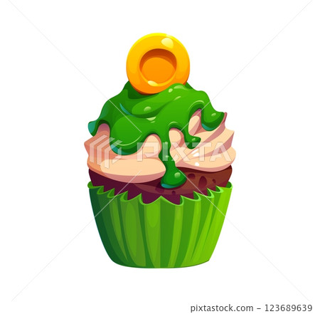 St Patrick day holiday cupcake with rich chocolate cake, creamy frosting and dripping green icing, topped with a golden coin. Cartoon vector festive dessert, sweet food symbolizes luck and celebration 123689639