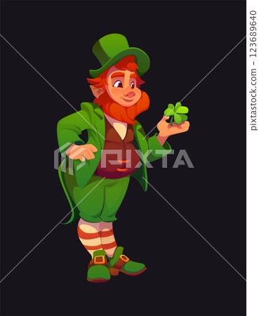 Cartoon Irish leprechaun man character in green outfit holding a shamrock, exuding joy and mischief. Isolated vector folklore personage of St Patrick day. Redhead bearded elf in top hat with clover 123689640