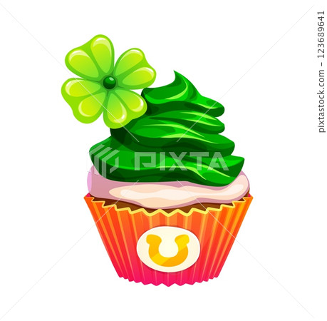 St Patrick day sweet cupcake, festive cake, holiday dessert with bright green frosting, shamrock topper and golden horseshoe symbol on the wrapper. Cartoon vector muffin for celebrating, lucky treat 123689641