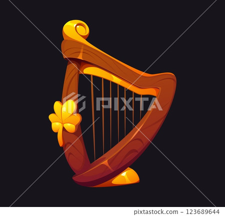 Cartoon wooden harp adorned with a golden shamrock, symbolizing Irish heritage, music, and st Patrick day traditions. Vector harp is an iconic national musical stringed instrument of Ireland culture Cartoon wooden harp adorned with a golden shamrock, symbolizing Irish heritage, music, and st Patrick day traditions. Vector harp is an iconic national musical stringed instrument of Ireland culture 123689644