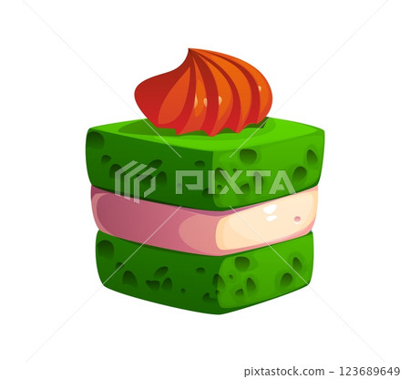 St Patrick day holiday green layered cake with creamy filling and a decorative swirl of orange frosting on top. Cartoon vector festive sweet candy food dessert for celebrations, parties and treats St Patrick day holiday green layered cake with creamy filling and a decorative swirl of orange frosting on top. Cartoon vector festive sweet candy food dessert for celebrations, parties and treats 123689649