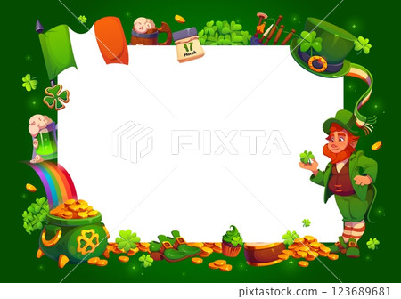 Kids diploma or Happy St Patrick day greeting banner, vector frame with Irish characters. Shamrock clovers and leprechaun, rainbow and golden coins in pot for Saint Patrick holiday or diploma frame Kids diploma or Happy St Patrick day greeting banner, vector frame with Irish characters. Shamrock clovers and leprechaun, rainbow and golden coins in pot for Saint Patrick holiday or diploma frame 123689681