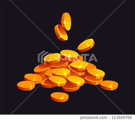 Pile of shiny gold coins with a few pieces falling mid air, symbolizing wealth, treasure, and prosperity. Cartoon vector leprechaun gold or pirate loot, symbol of fortune, luck, riches and success Pile of shiny gold coins with a few pieces falling mid air, symbolizing wealth, treasure, and prosperity. Cartoon vector leprechaun gold or pirate loot, symbol of fortune, luck, riches and success 123689700