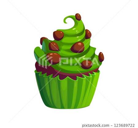 St Patrick day holiday chocolate cupcake with green frosting and chocolate chips. Cartoon vector lucky muffin cake, candy and sweet food, delicious festive dessert for celebration Irish tradition 123689722