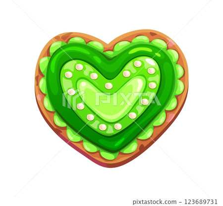St Patrick day heart shaped sweet cookie, holiday dessert, decorated with vibrant green icing and pearls. Cartoon vector festive treat for celebrating love, luck, pride and joy during Irish party 123689731