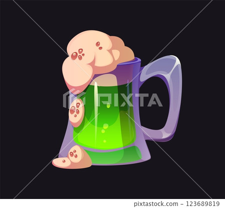 Cartoon green beer or ale mug filled with bubbly, frothy foam, St Patrick day Irish symbol and object. Vector emerald green liquid in a transparent glass mug ready for festive and celebratory events 123689819