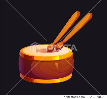 Cartoon drum with wooden drumsticks, representing traditional Irish folk music and st Patrick day celebrations. Vector percussion instrument adding rhythm to cultural performances and festivities Cartoon drum with wooden drumsticks, representing traditional Irish folk music and st Patrick day celebrations. Vector percussion instrument adding rhythm to cultural performances and festivities 123689835