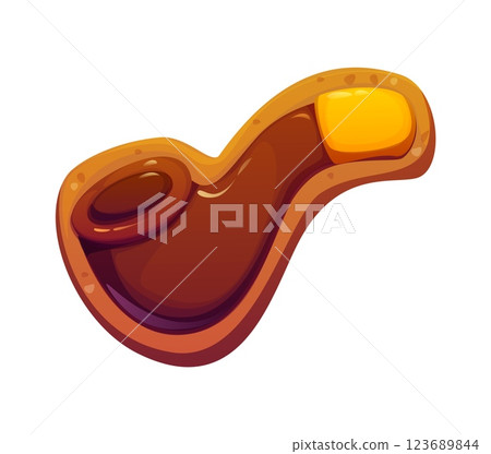 St Patrick day holiday cookie in shape of tobacco pipe with chocolate icing and golden accent on the tip. Cartoon vector sweet candy food as traditional Irish smoking leprechaun pipe, festive treat 123689844