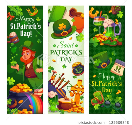 St Patrick day Irish holiday banners and greetings with leprechauns and shamrocks, vector background. Happy Saint Patrick day greeting with rainbow and gold coins pot, bagpipes and green ale beer 123689848