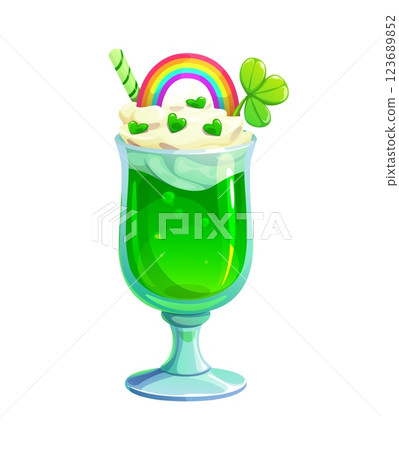 St Patrick day holiday festive green cocktail or milkshake in a tall glass, topped with whipped cream, rainbow, shamrocks and striped straw. Cartoon vector celebratory drink embodies Irish spirit St Patrick day holiday festive green cocktail or milkshake in a tall glass, topped with whipped cream, rainbow, shamrocks and striped straw. Cartoon vector celebratory drink embodies Irish spirit 123689852