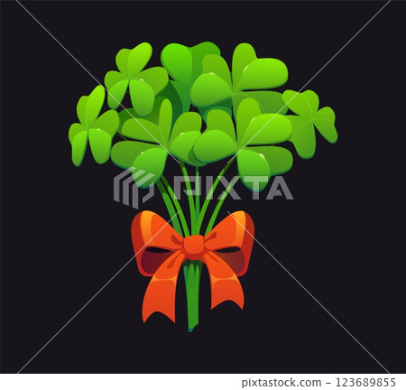 Cartoon bouquet of shamrocks tied with a festive orange ribbon, symbolizing good luck, Irish heritage and st Patrick day celebrations. Vector bunch of clover plant leaves, representing good fortune 123689855