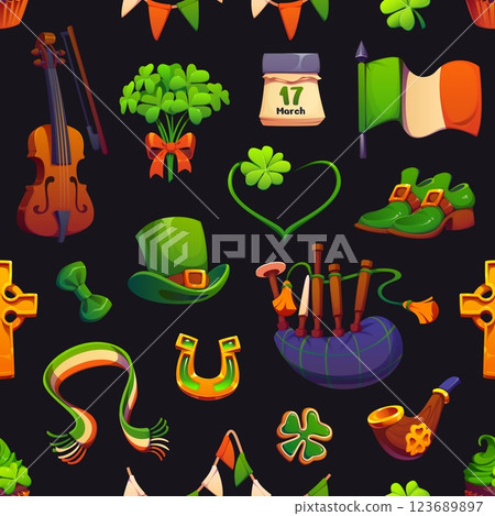 St Patrick day Irish characters pattern background for holiday, cartoon vector. Saint Patrick holiday symbols pattern of shamrock clover and leprechaun hat with Ireland flag and Irish bagpipes 123689897