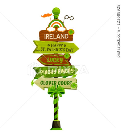 Saint Patrick day sign board, Irish holiday signage. Cartoon vector festive road pointer decorated with lucky clovers, rainbow and green bow. Signpost celebrates culture and traditions of Ireland 123689928