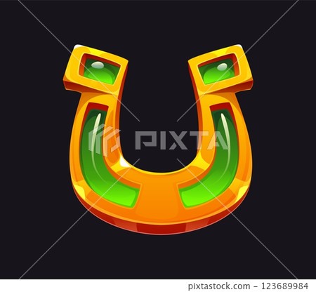 Cartoon golden horseshoe with green inlays. St. Patrick Day symbol of luck, protection, good fortune and prosperity in Irish folklore. Vector charm represents positivity, success in culture of Ireland Cartoon golden horseshoe with green inlays. St. Patrick Day symbol of luck, protection, good fortune and prosperity in Irish folklore. Vector charm represents positivity, success in culture of Ireland 123689984