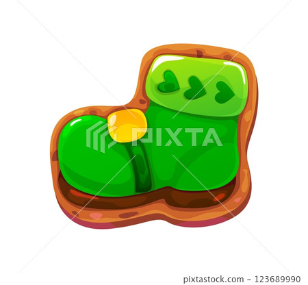St Patrick day sweet holiday cookie dessert shaped like a green leprechaun boot. Cartoon vector delicious cookie shoe decorated with golden buckle. Festive treat for celebrating Irish tradition 123689990