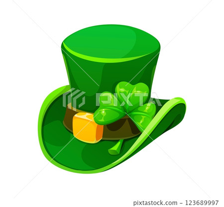 Cartoon green leprechaun hat with curved brim, adorned with golden buckle and a fresh shamrock. Vector festive accessory, symbol of luck, tradition, and Irish heritage, for celebrating st Patrick day 123689997