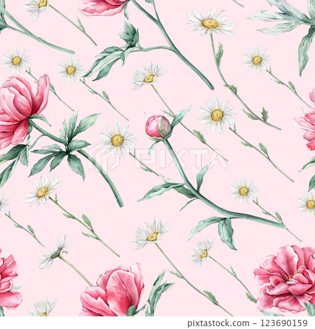Seamless pattern with watercolor bouquet of pink peony and chamomiles in full bloom. Hand drawn illustration beautiful floral flowers. Repeat wallpaper with summer botanical plant on isolated. 123690159