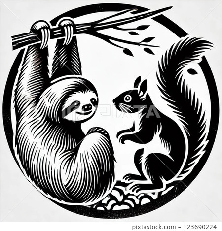 Sloth and squirrel facing each other 123690224