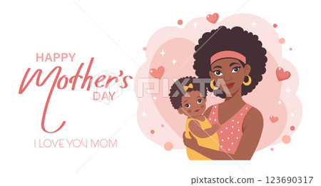 Happy Mother's Day card. Happy mother holding her daughter in her arms. Flat style illustration. 123690317
