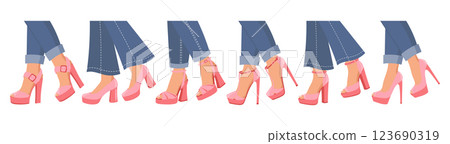 Set of female legs in different pink high heel shoes and blue jeans. Fashion design. Flat style illustration. 123690319
