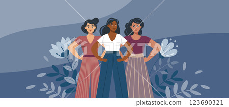 Empowered women on floral background. Feminism and equality concept. Flat style illustration. 123690321