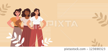 Empowered women on floral background. Feminism and equality concept. Flat style illustration. 123690323