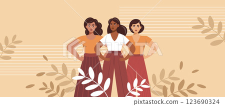 Empowered women on floral background. Feminism and equality concept. Flat style illustration. Empowered women on floral background. Feminism and equality concept. Flat style illustration. 123690324