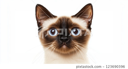 Siamese cat with striking blue eyes against white background 123690396