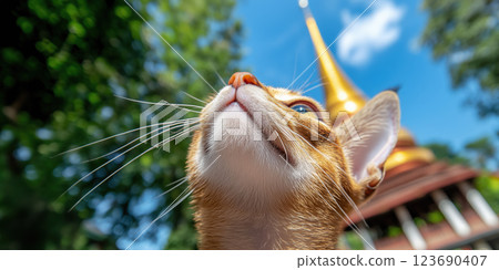 Siamese cat gazing with Thai temple in background 123690407