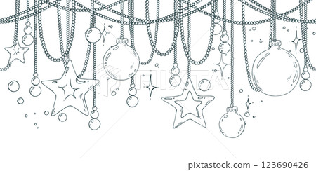 Golden Christmas balls and stars hanging on beads with twinkling stars. Christmas, New Year, winter Line art hand-drawn illustration in black and white ink. Seamless border pattern vector EPS Golden Christmas balls and stars hanging on beads with twinkling stars. Christmas, New Year, winter Line art hand-drawn illustration in black and white ink. Seamless border pattern vector EPS 123690426
