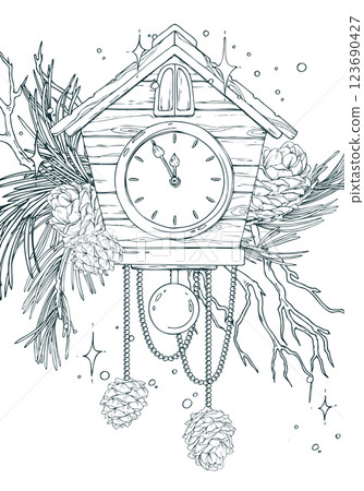 Wooden house clock, pine branches and cones, tree branches, beads, sparkling stars. Christmas, New Year Line art is a simple hand-drawn illustration in black and white ink. Card arrangement vector 123690427