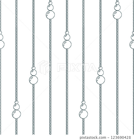 Beads gold thin with pendants from beads vertical stripes. Christmas, New Year, winter Line art is a simple hand-drawn illustration in black and white ink. Seamless pattern vector EPS 123690428