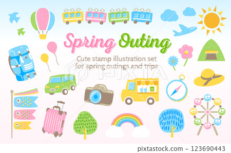 A stamp-style icon illustration set perfect for spring travel, outdoor activities, and Japan's Golden Week in May A stamp-style icon illustration set perfect for spring travel, outdoor activities, and Japan's Golden Week in May 123690443