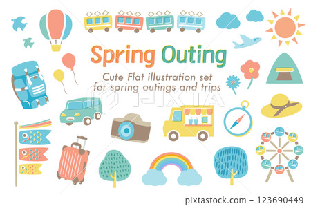 平面圖示插圖非常適合春夏旅行、戶外活動以及日本五月的黃金周 平面圖示插圖非常適合春夏旅行、戶外活動以及日本五月的黃金周 123690449