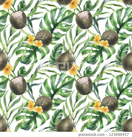 Coconuts whole, halves and pieces with bright, green, tropical palm leaves and yellow plumeria flowers. Hand drawn watercolor illustration. Seamless pattern on a white background 123690457