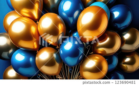 AI 影像:許多氣球漂浮在空中(金色和藍色) AI 影像:許多氣球漂浮在空中(金色和藍色) 123690481