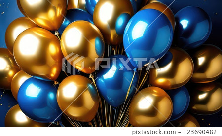 AI 影像：許多氣球漂浮在空中（金色和藍色） 123690482